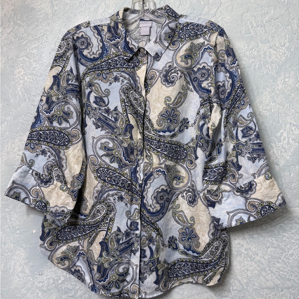 Chico's Blue and Cream Paisley  NO IRON Button-Down Shirt